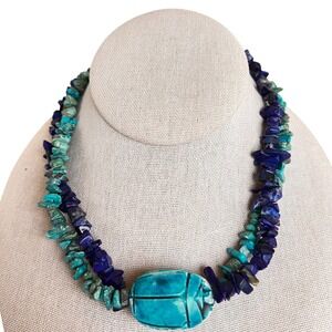 Vtg Turquoise /Lapis Lazuli Choker Chip Stone Scarab Pendant Beaded Boho Jewelry